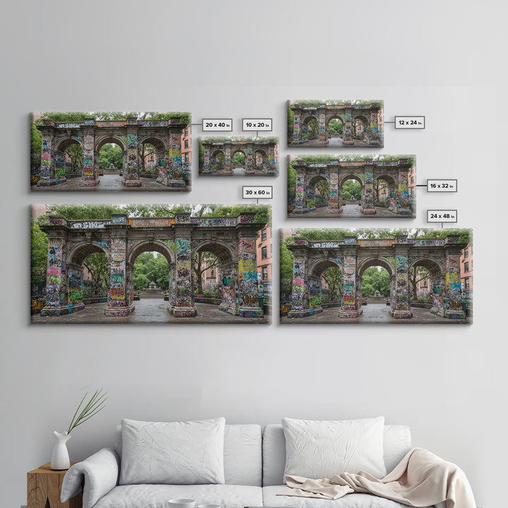 Graffiti Covered Stone Arch Wall Art, Urban Park Framed Canvas Print, NYC Street Art, Eclectic Apartment Decor Gift For Him