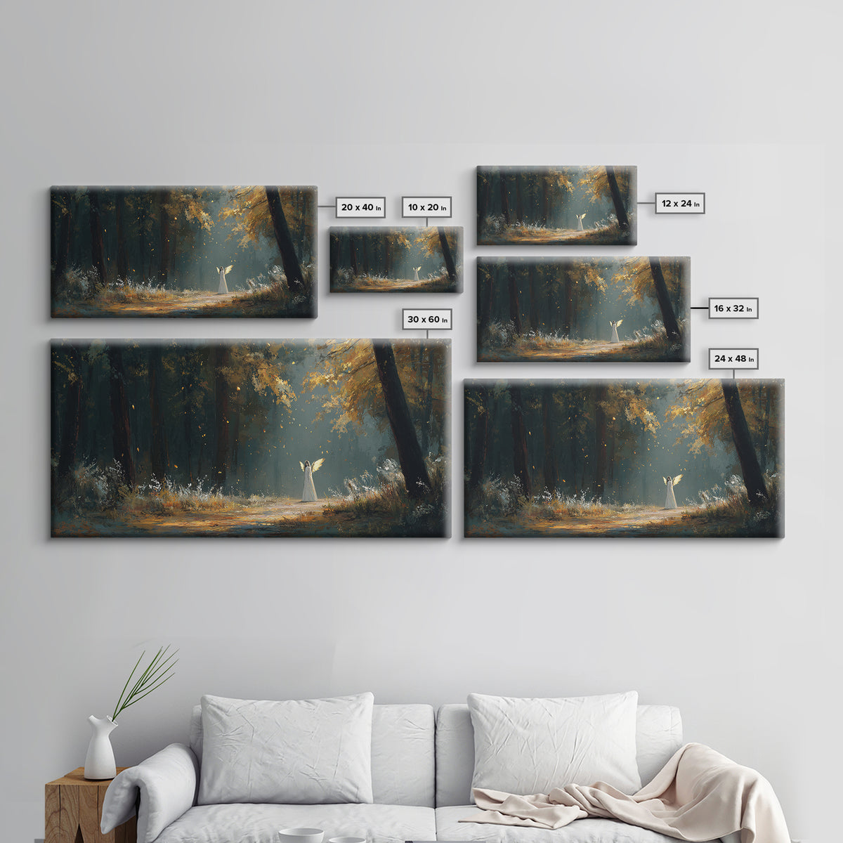 White Figure In Sunlit Autumn Forest Wall Art, Fantasy Landscape Print, Dark Woodland Decor, Mystical Nature Painting, Fine Art Print