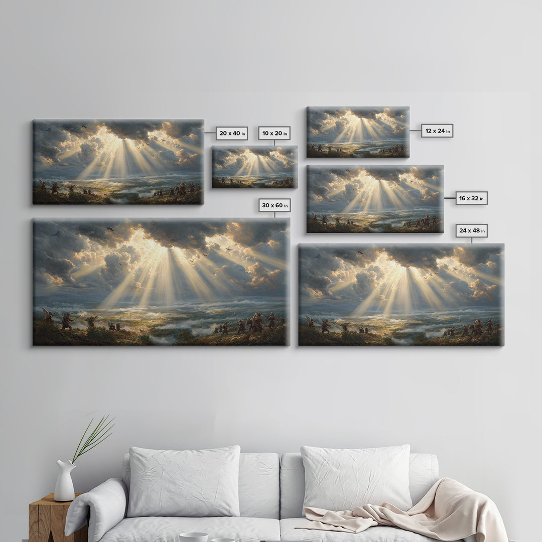 Heavenly Battlefield Canvas Print, Angelic Sun Rays Wall Art, Epic Soldiers Landscape, Christian Home Decor For Living Room