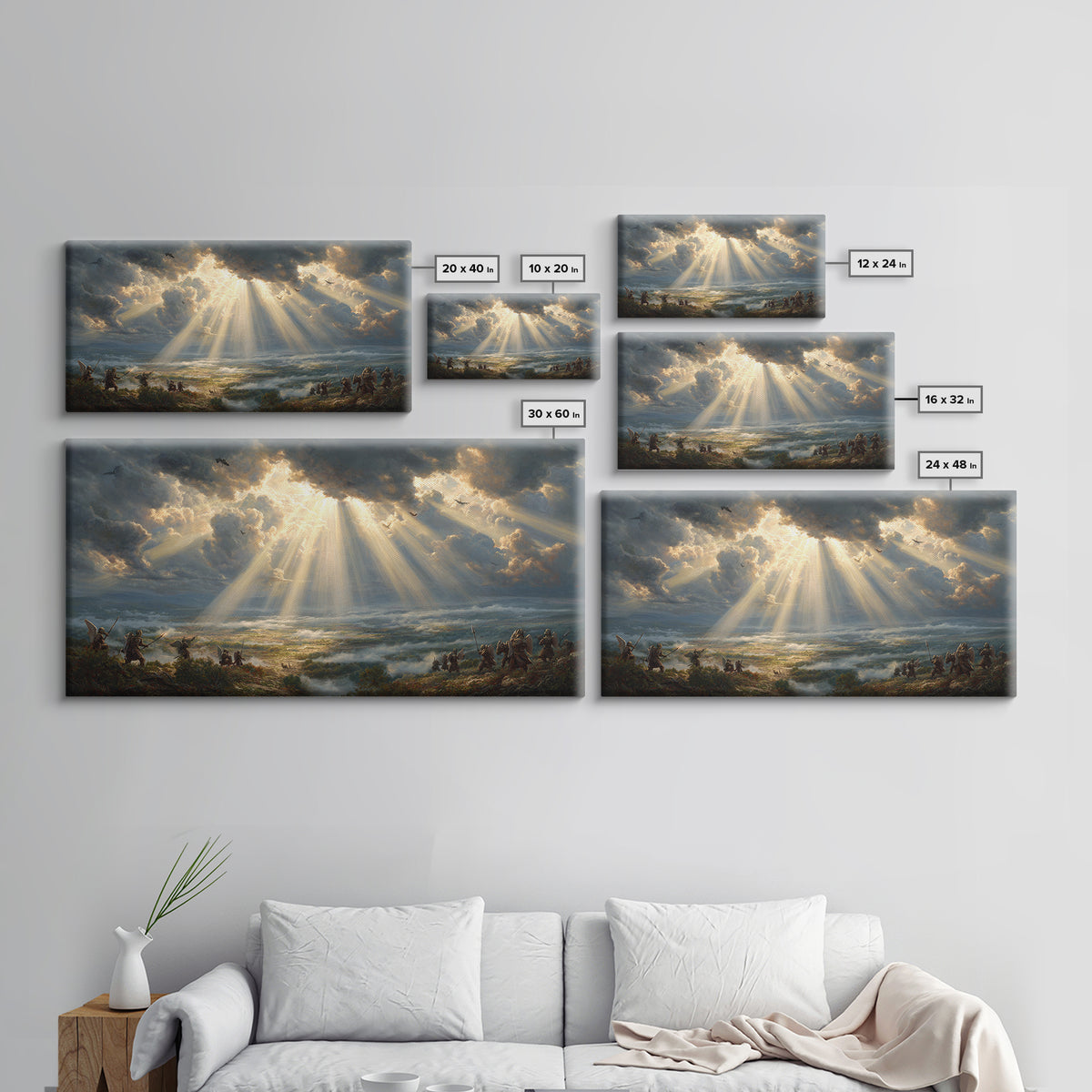 Heavenly Battlefield Canvas Print, Angelic Sun Rays Wall Art, Epic Soldiers Landscape, Christian Home Decor For Living Room