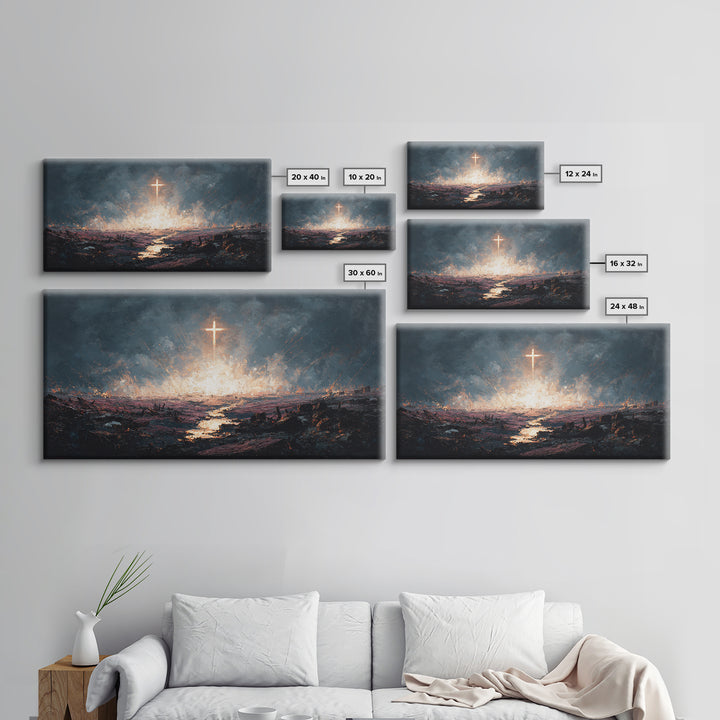 Glowing Cross Over Stormy Battlefield Framed Canvas Print, Christian Wall Art, Dramatic Faith Decor, Prayer Room Gift Idea
