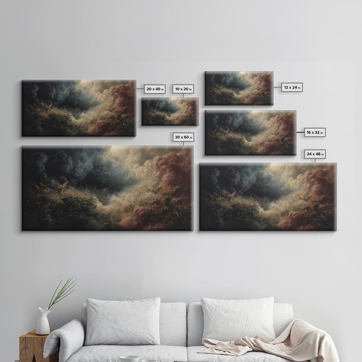 Dark Angel Battle In Storm Clouds Wall Art, Biblical Fantasy Painting, Dramatic Gothic Decor, Religious Fine Art Print Gift