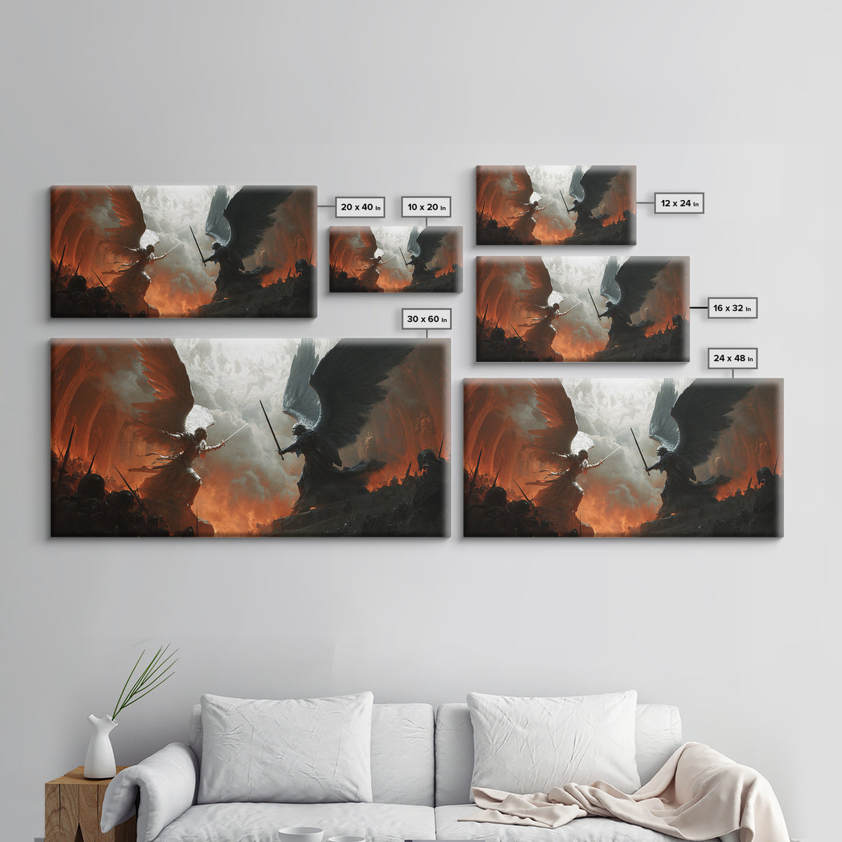 Angels And Demons Battle Wall Art, Dark Fantasy Framed Canvas Print, Epic Gothic Decor For Game Room Or Man Cave Wall Decor