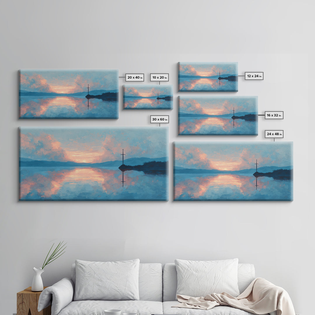 Pastel Lake Sunrise With Quiet Cross Wall Art, Landscape Painting, Christian Wall Decor, Calming Bedroom Art, Nature Gift