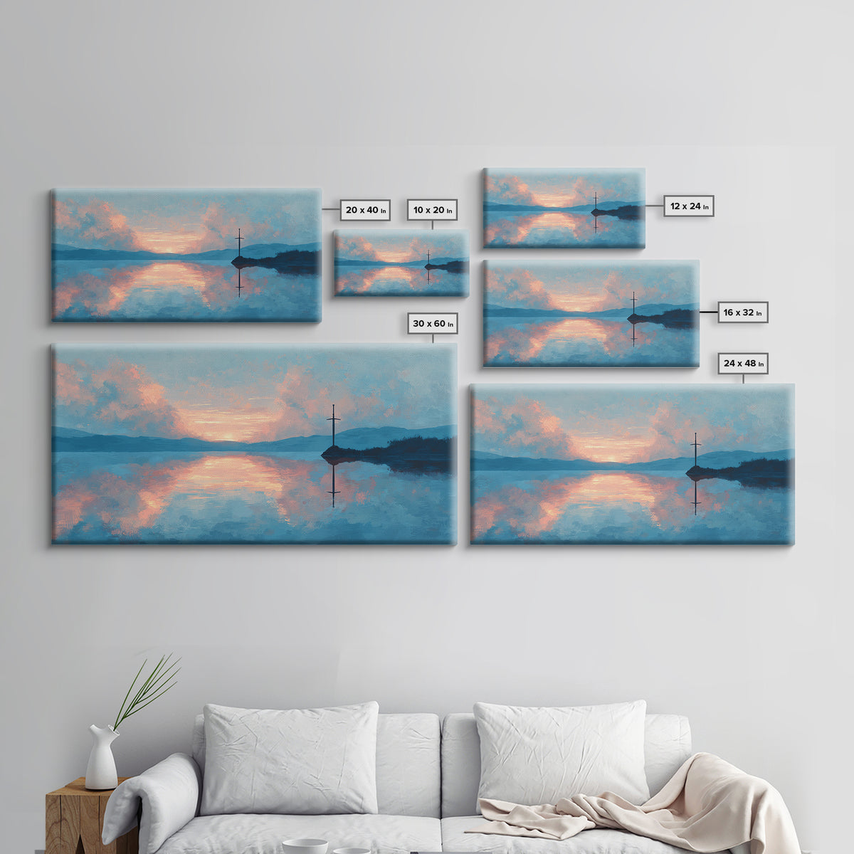 Pastel Lake Sunrise With Quiet Cross Wall Art, Landscape Painting, Christian Wall Decor, Calming Bedroom Art, Nature Gift