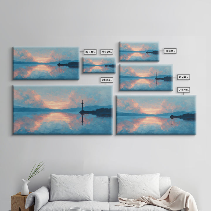 Pastel Lake Sunrise With Quiet Cross Wall Art, Landscape Painting, Christian Wall Decor, Calming Bedroom Art, Nature Gift