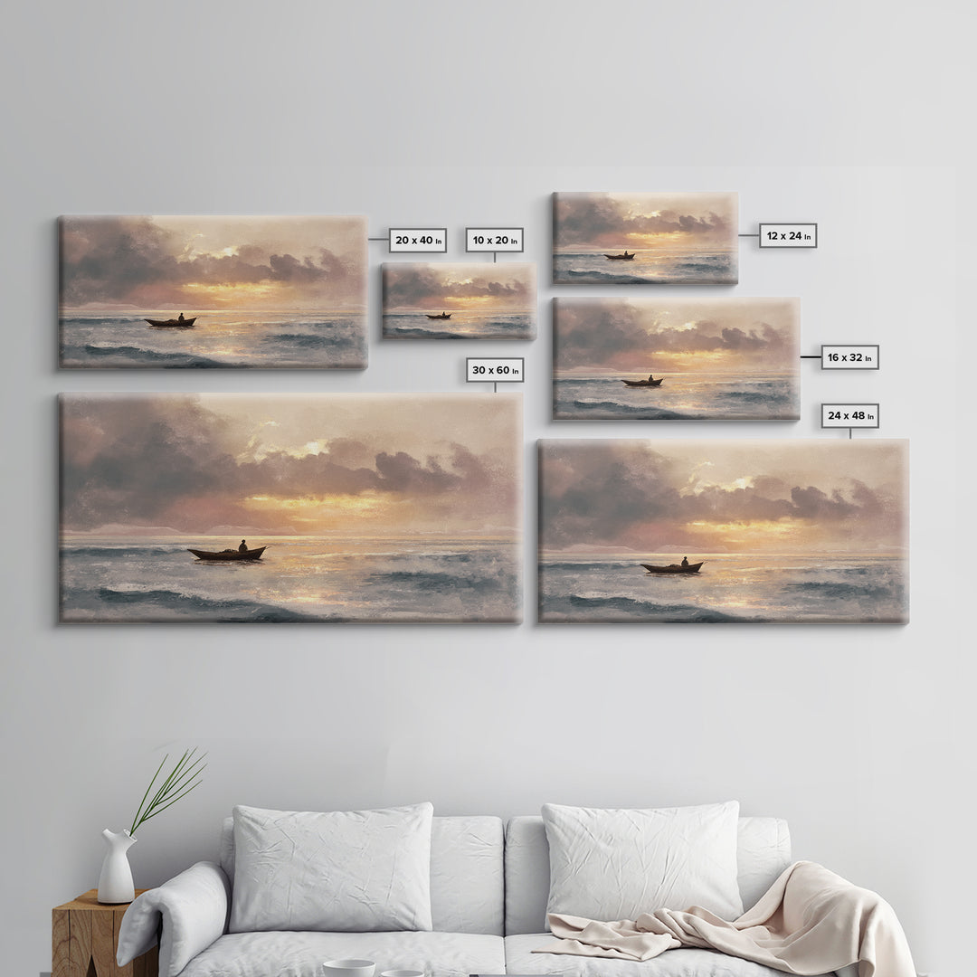 Solitary Fishing Boat At Golden Sunrise Canvas Print, Coastal Wall Art, Ocean Painting, Seascape Decor, Living Room Art Gift
