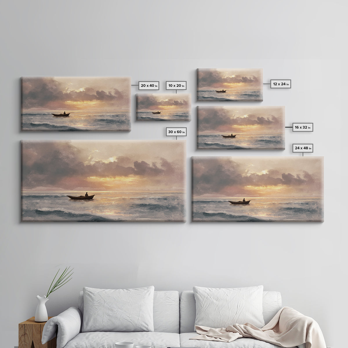Solitary Fishing Boat At Golden Sunrise Canvas Print, Coastal Wall Art, Ocean Painting, Seascape Decor, Living Room Art Gift