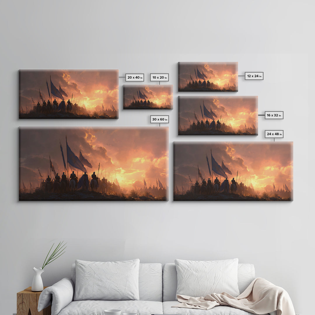 Medieval Cavalry At Fiery Sunset Wall Art, Epic Fantasy Battle Canvas Print, Knight Army Landscape Art, Gift For Him, Man Cave Decor