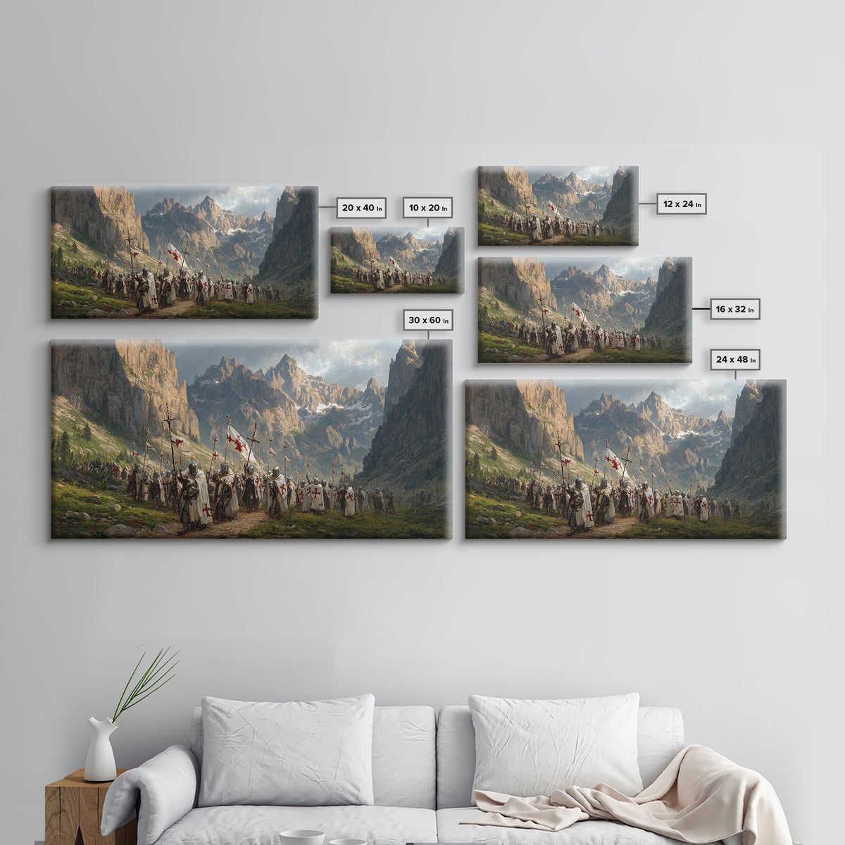 Knights In Mountain Valley Wall Art, Medieval Crusader Canvas Print, Epic Fantasy Battle Decor, Historical Artwork Gift For Him