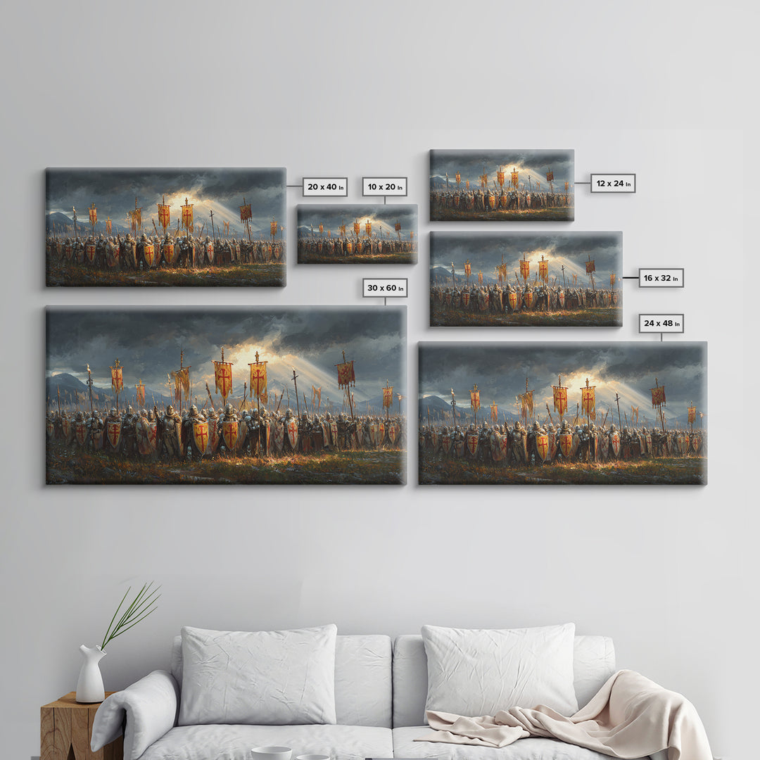 Medieval Knights Army With Red Banners Framed Canvas Print, Crusader Battle Wall Art, Historical Fantasy Decor Gift For Him