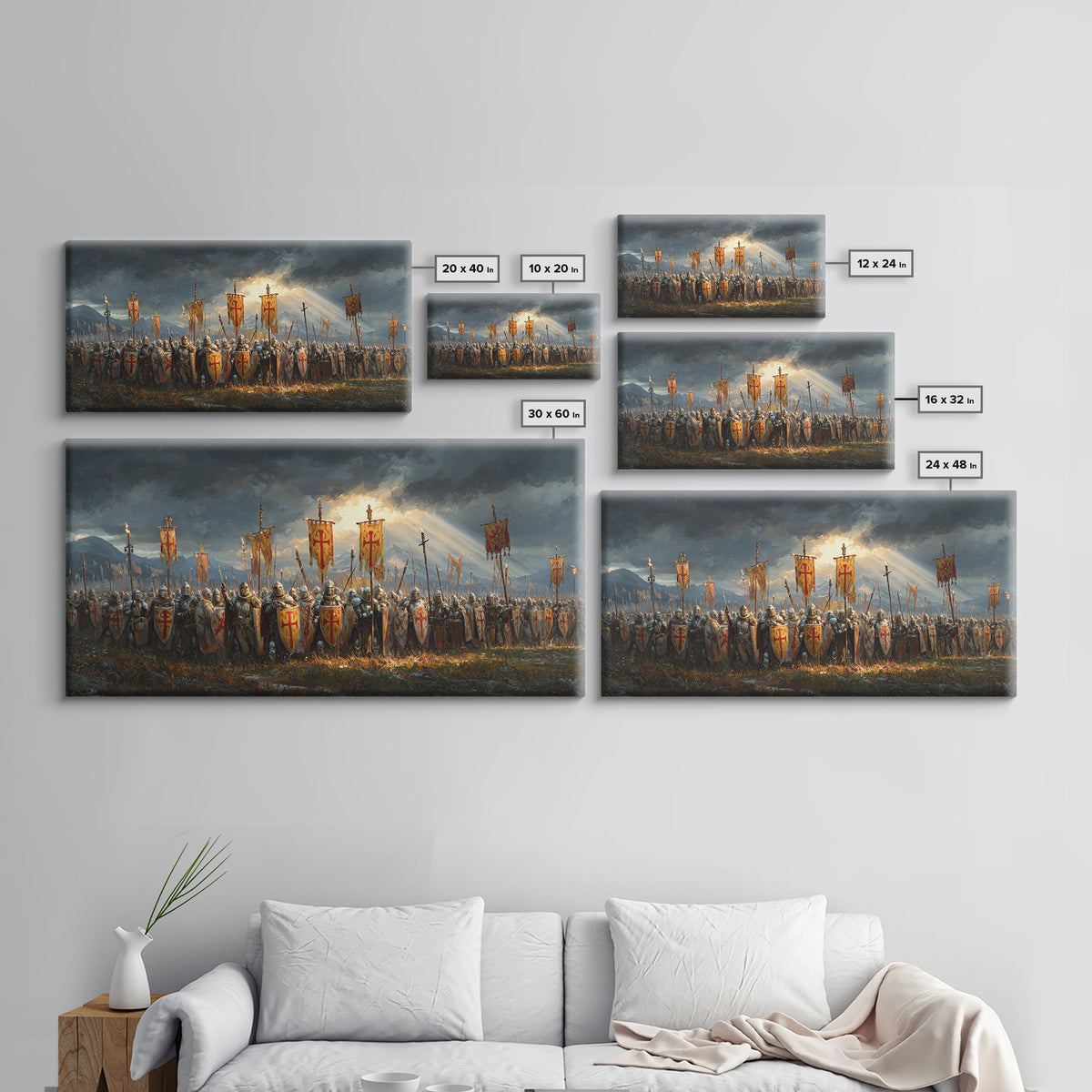 Medieval Knights Army With Red Banners Framed Canvas Print, Crusader Battle Wall Art, Historical Fantasy Decor Gift For Him