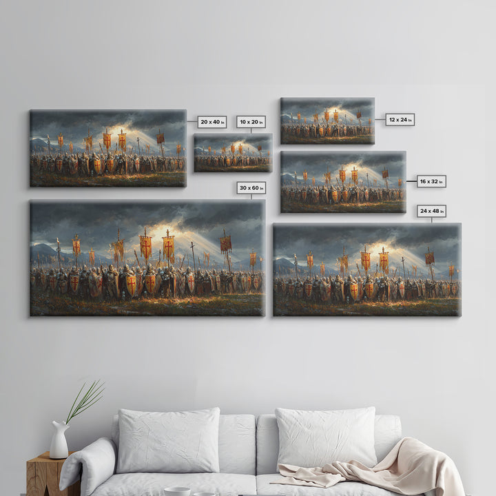 Medieval Knights Army With Red Banners Framed Canvas Print, Crusader Battle Wall Art, Historical Fantasy Decor Gift For Him