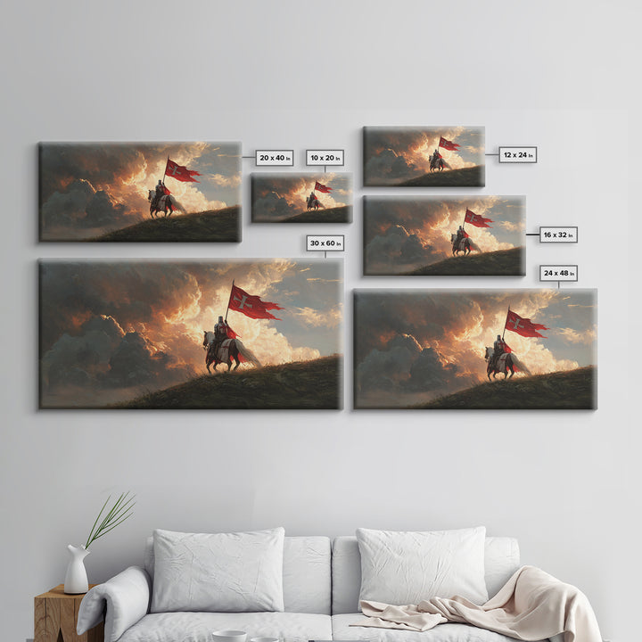 Medieval Knight With Red Banner Wall Art, Fantasy Warrior Canvas Print, Dramatic Battle Scene, Gothic Castle Decor Gift For Him