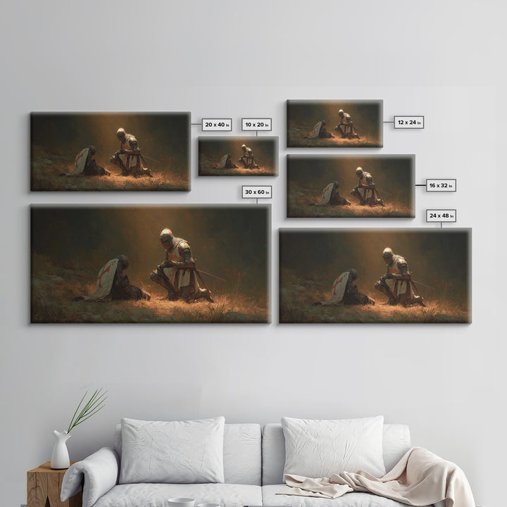 Kneeling Knight Beside Fallen Comrade Wall Art, Medieval Templar Painting, Chivalry Decor, Historical Canvas Print, Gift For Him