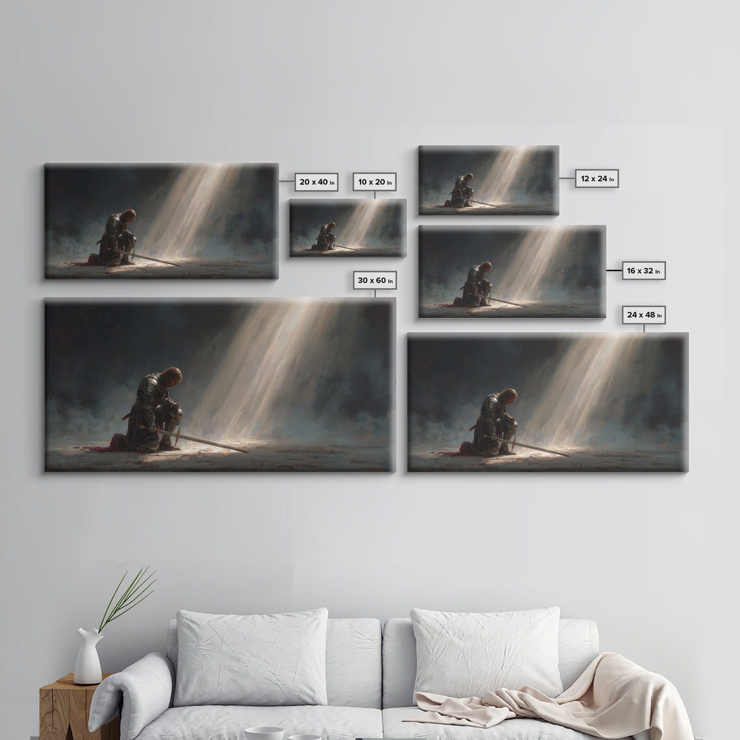 Solitary Knight Kneeling In Divine Light Canvas Print, Medieval Prayer Wall Art, Templar Office Decor, Spiritual Gift For Him