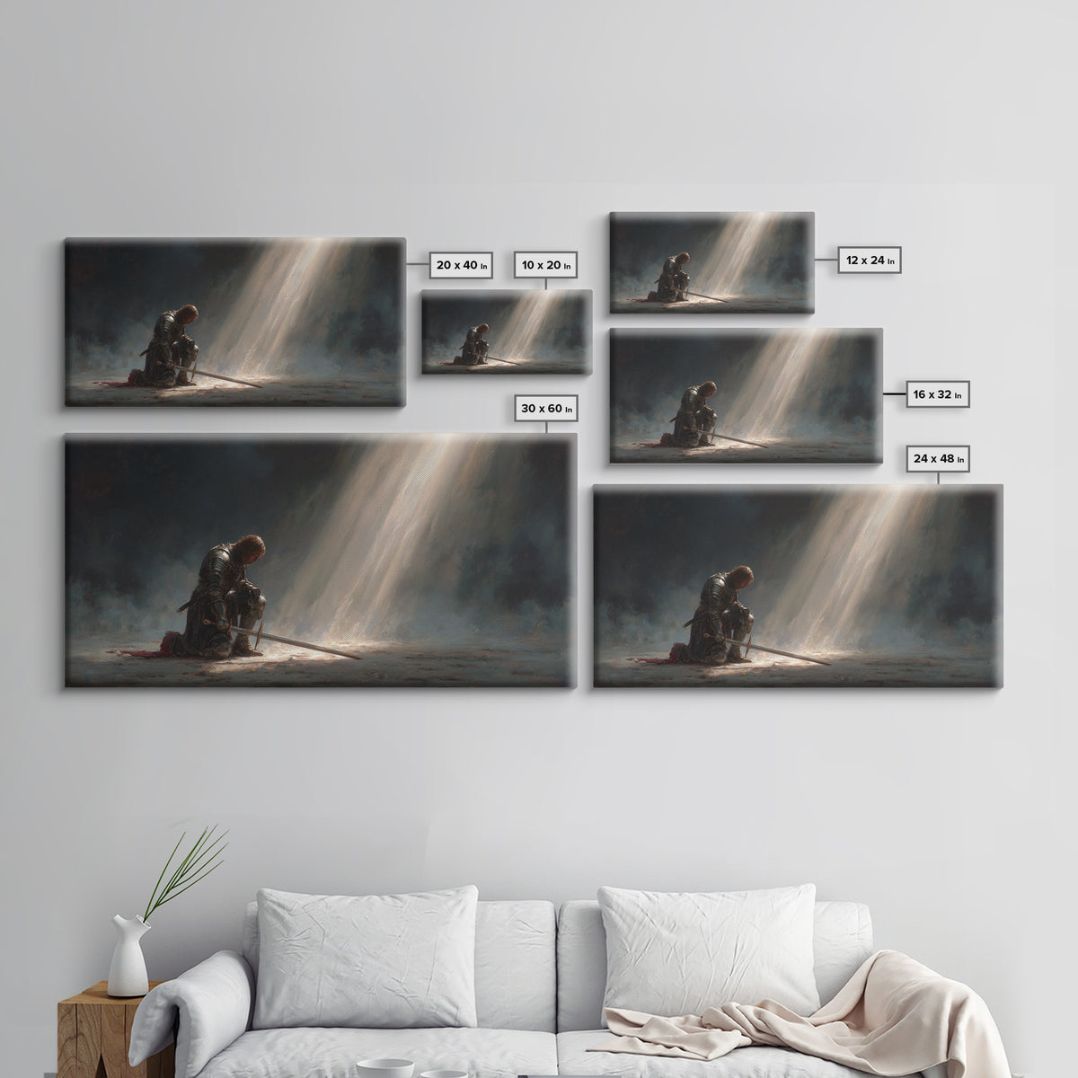Solitary Knight Kneeling In Divine Light Canvas Print, Medieval Prayer Wall Art, Templar Office Decor, Spiritual Gift For Him