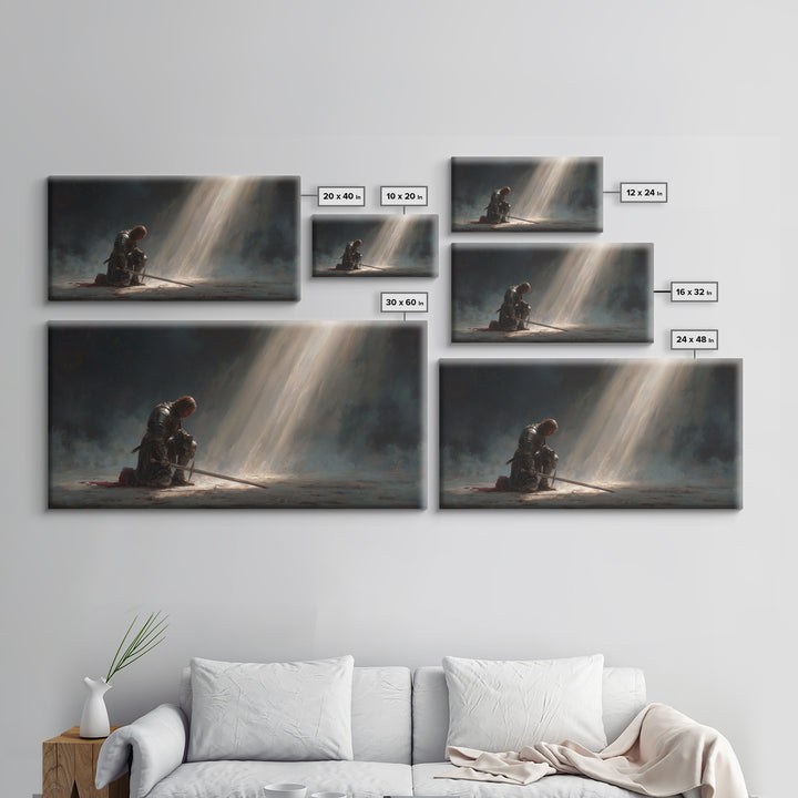 Solitary Knight Kneeling In Divine Light Canvas Print, Medieval Prayer Wall Art, Templar Office Decor, Spiritual Gift For Him