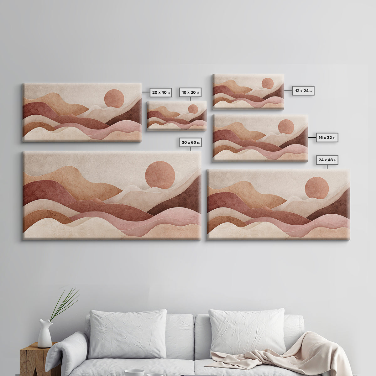 Mauve Terracotta Abstract Mountain Sun Wall Art, Wavy Desert Landscape Canvas Print, Neutral Boho Decor, Large Above Bed Art