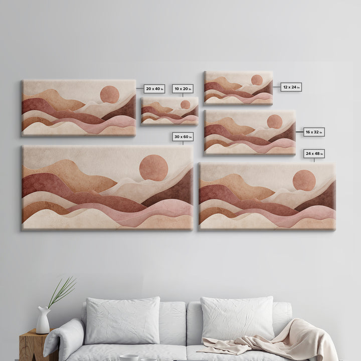 Mauve Terracotta Abstract Mountain Sun Wall Art, Wavy Desert Landscape Canvas Print, Neutral Boho Decor, Large Above Bed Art