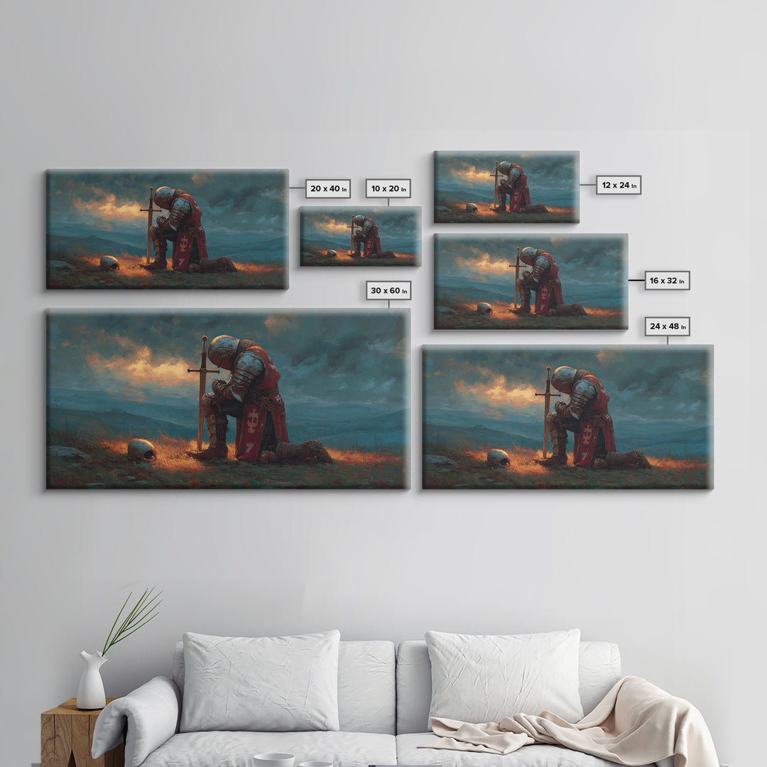 Kneeling Medieval Knight Wall Art, Moody Fantasy Framed Canvas Print, Sword And Skull Decor, Masculine Office Art Gift For Him