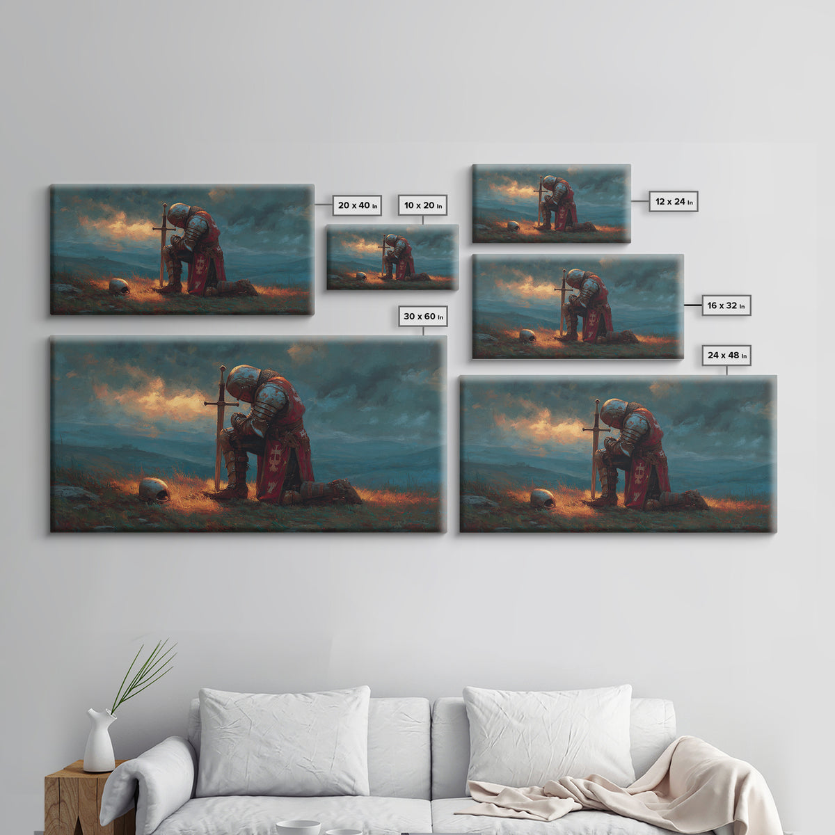 Kneeling Medieval Knight Wall Art, Moody Fantasy Framed Canvas Print, Sword And Skull Decor, Masculine Office Art Gift For Him