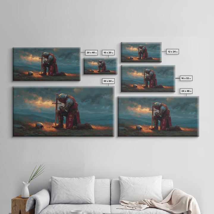 Kneeling Medieval Knight Wall Art, Moody Fantasy Framed Canvas Print, Sword And Skull Decor, Masculine Office Art Gift For Him