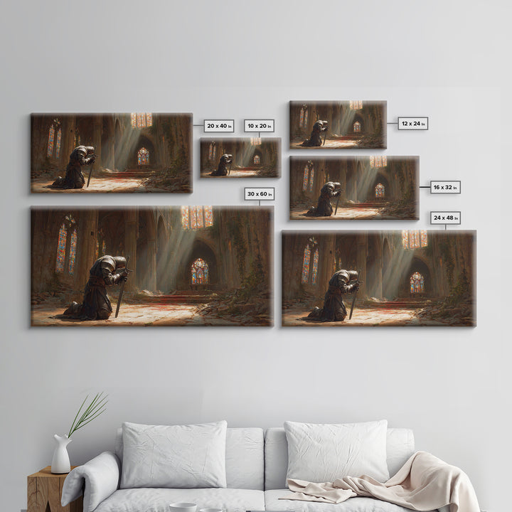 Kneeling Knight In Ruined Cathedral Wall Art, Medieval Fantasy Canvas, Stained Glass Chapel, Dark Academia Home Decor Gift