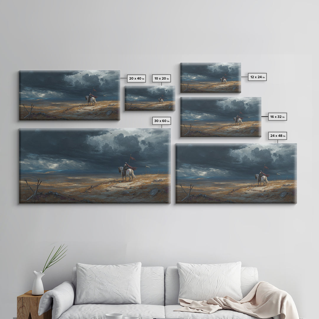 Lone Western Rider Storm Landscape Wall Art, Moody Prairie Horse Canvas, Rustic Cowboy Decor, Dramatic Frontier Print, Gift