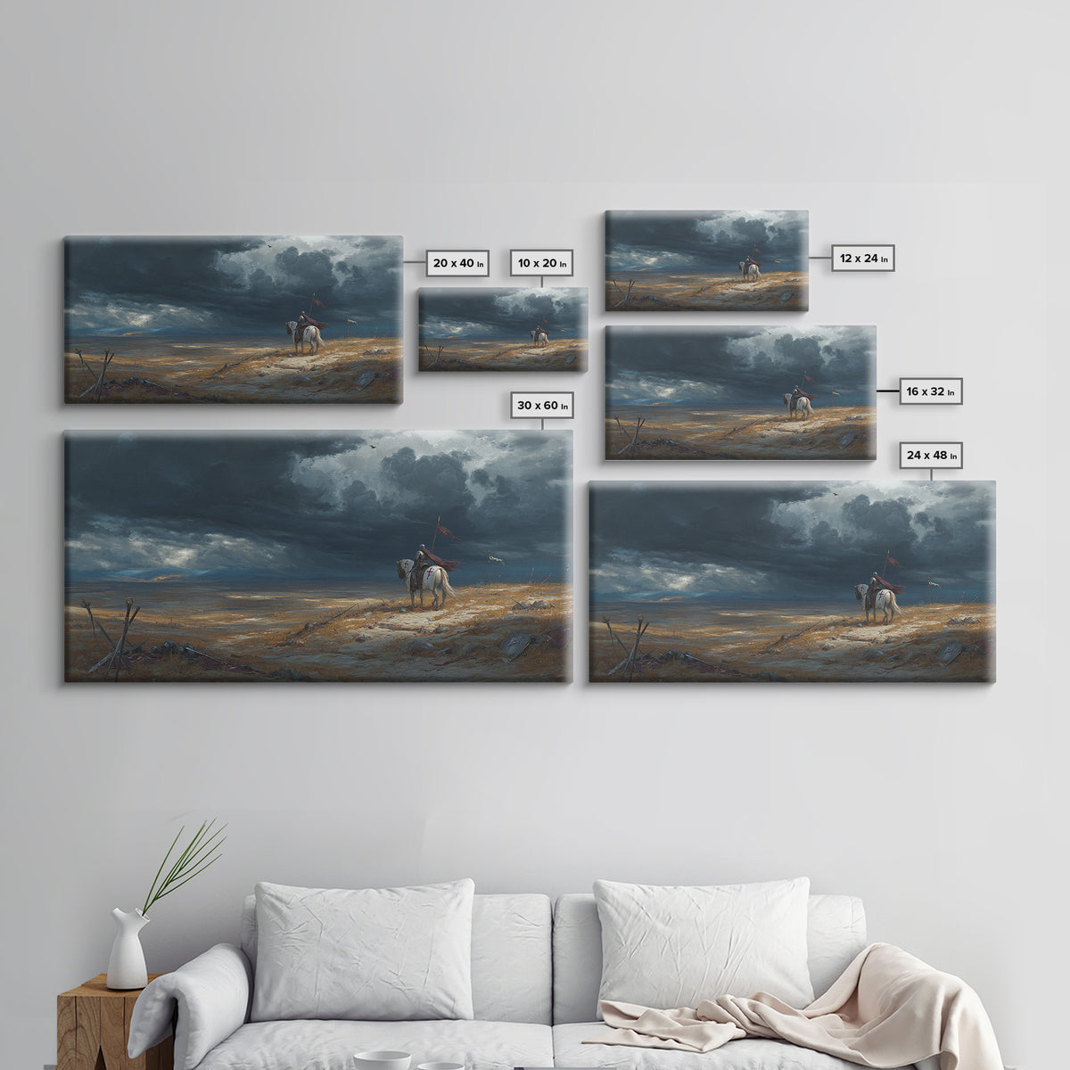 Lone Western Rider Storm Landscape Wall Art, Moody Prairie Horse Canvas, Rustic Cowboy Decor, Dramatic Frontier Print, Gift