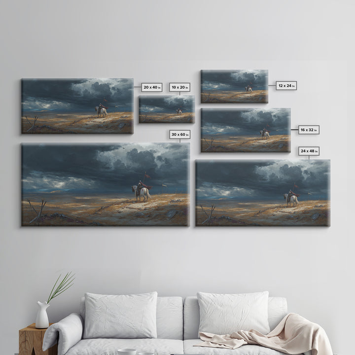 Lone Western Rider Storm Landscape Wall Art, Moody Prairie Horse Canvas, Rustic Cowboy Decor, Dramatic Frontier Print, Gift