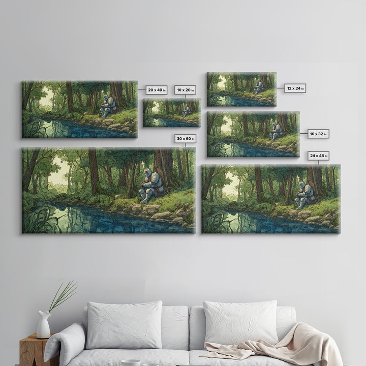 Pixel Knight Resting By Forest Stream Wall Art, Fantasy Canvas Print, Woodland Landscape, Kids Room Decor Gamer Gift For Him