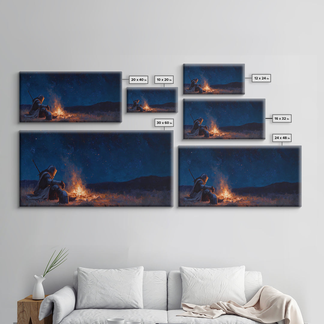 Lonely Knight Campfire Canvas Print, Dark Fantasy Wall Art, Starry Night Medieval Decor, Gaming Room Art And Gift For Him