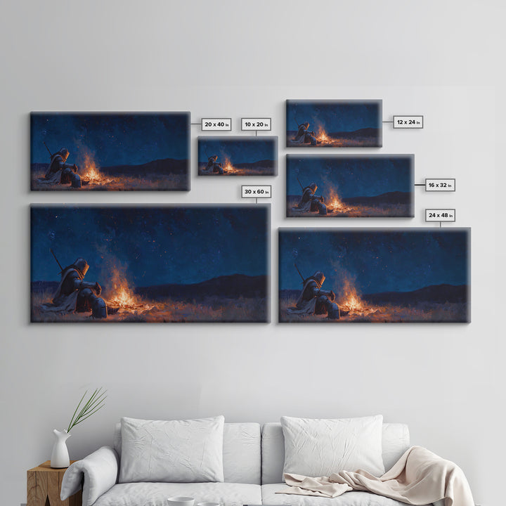 Lonely Knight Campfire Canvas Print, Dark Fantasy Wall Art, Starry Night Medieval Decor, Gaming Room Art And Gift For Him