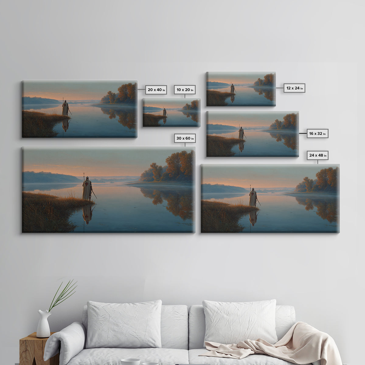 Misty River Knight Landscape Wall Art, Serene Medieval Lake Canvas, Reflective Nature Decor, Fantasy Print, Gift For Him