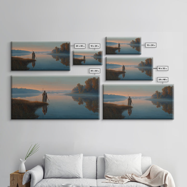 Misty River Knight Landscape Wall Art, Serene Medieval Lake Canvas, Reflective Nature Decor, Fantasy Print, Gift For Him
