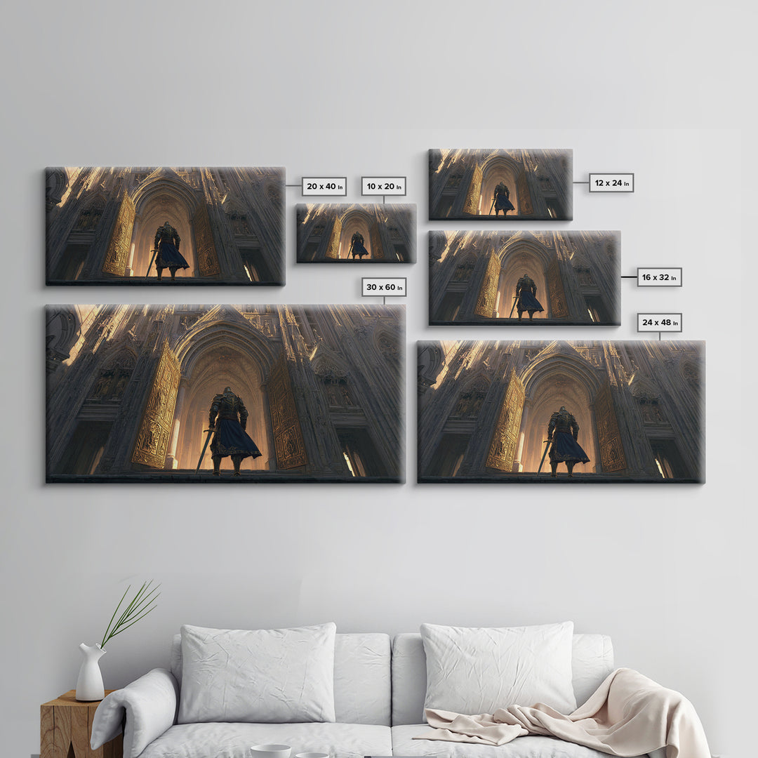 Armored Knight Before Gothic Cathedral Wall Art, Medieval Fantasy Architecture Print, Dark Academia Castle Decor Gift For Him