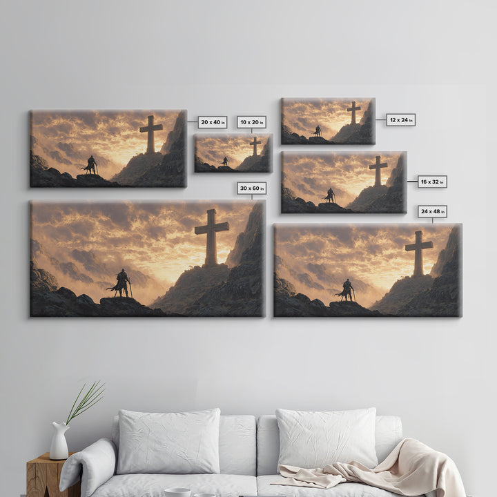 Knight At Mountain Cross Wall Art, Christian Fantasy Canvas Print, Medieval Warrior Decor, Inspirational Religious Art Print