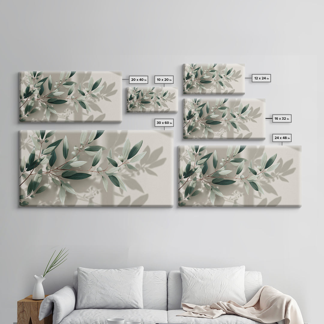 Olive Branch Botanical Canvas Print, Sage Green Wall Art, Minimalist Nature Decor, Calming Japandi Living Room Framed Art