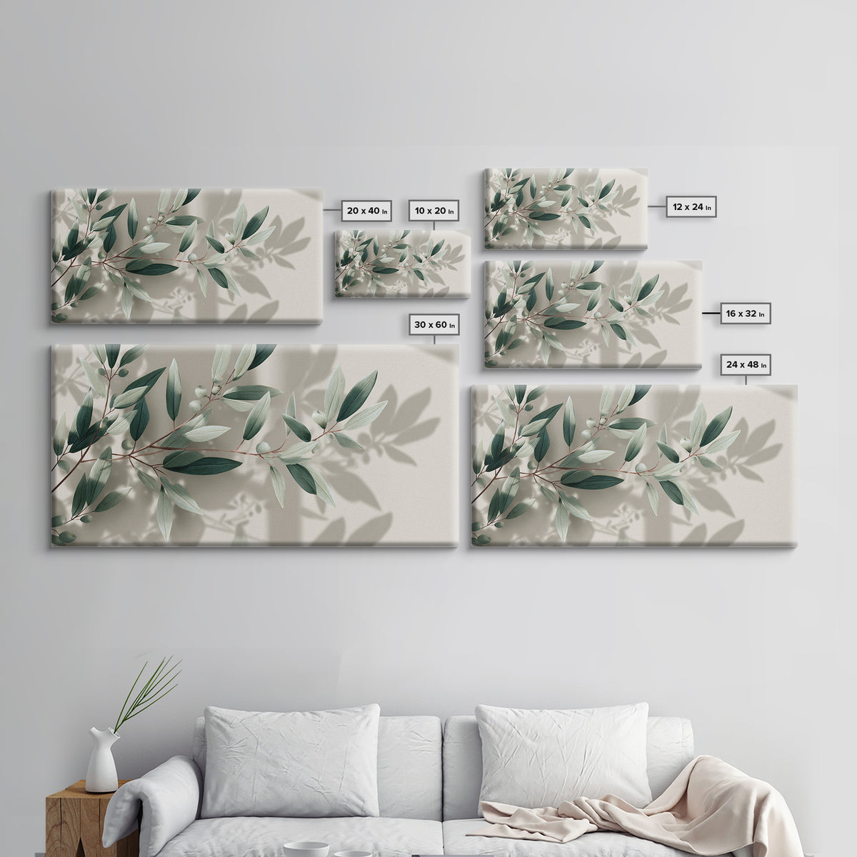 Olive Branch Botanical Canvas Print, Sage Green Wall Art, Minimalist Nature Decor, Calming Japandi Living Room Framed Art