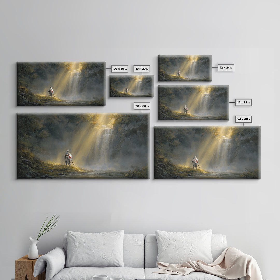 Templar Knight By Misty Waterfall Framed Canvas Print, Christian Wall Art, Medieval Landscape, Inspirational Gift For Him