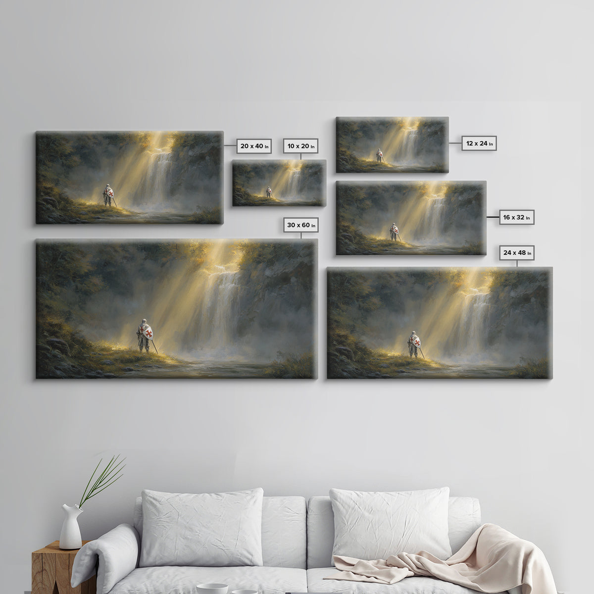Templar Knight By Misty Waterfall Framed Canvas Print, Christian Wall Art, Medieval Landscape, Inspirational Gift For Him