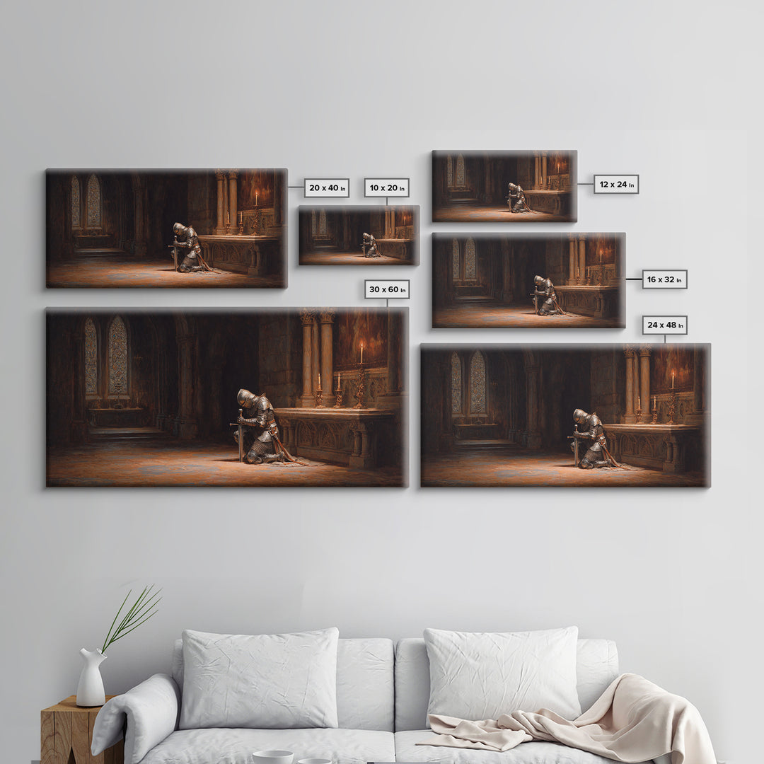 Kneeling Knight In Gothic Chapel Framed Canvas Print, Medieval Wall Art For Dark Academia Decor And Masculine Office Decor