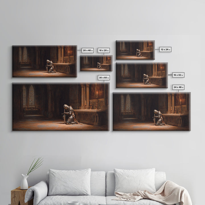 Kneeling Knight In Gothic Chapel Framed Canvas Print, Medieval Wall Art For Dark Academia Decor And Masculine Office Decor