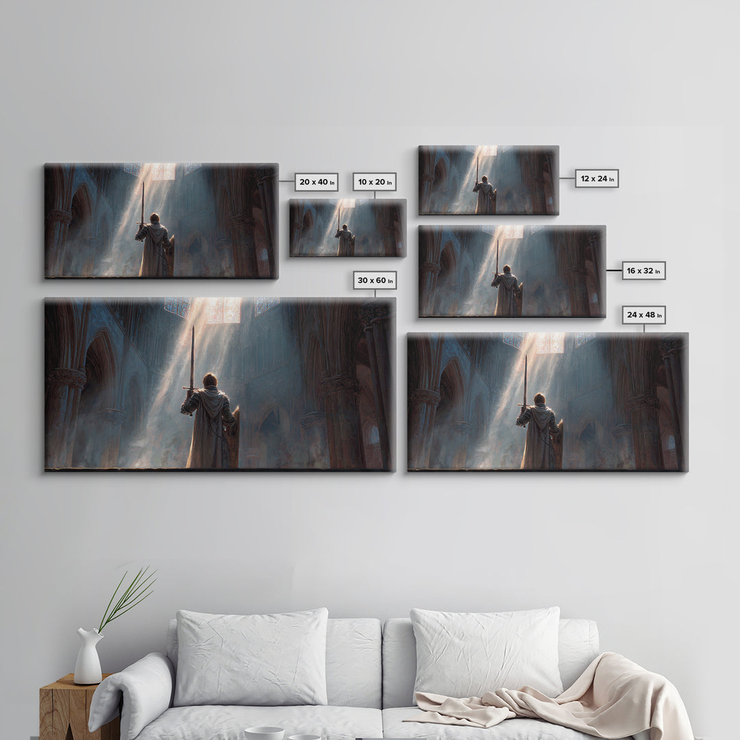 Knight In Sunlit Gothic Cathedral Framed Canvas Print, Fantasy Wall Art, Medieval Decor, Christian Artwork, Gift For Him