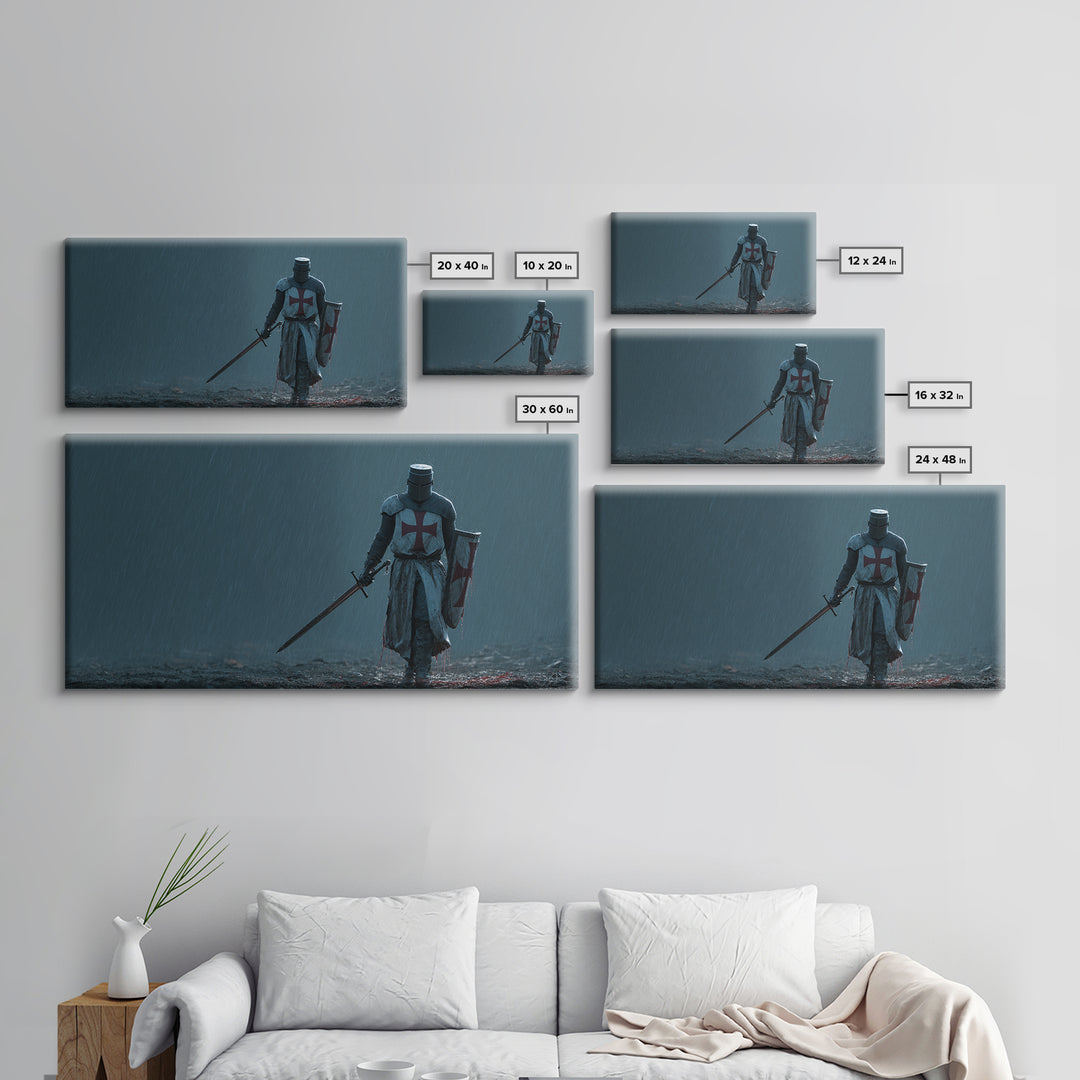 Templar Knight In Rain Wall Art, Medieval Crusader Canvas Print, Dark Fantasy Decor, Gothic Warrior Art Print For Man Cave