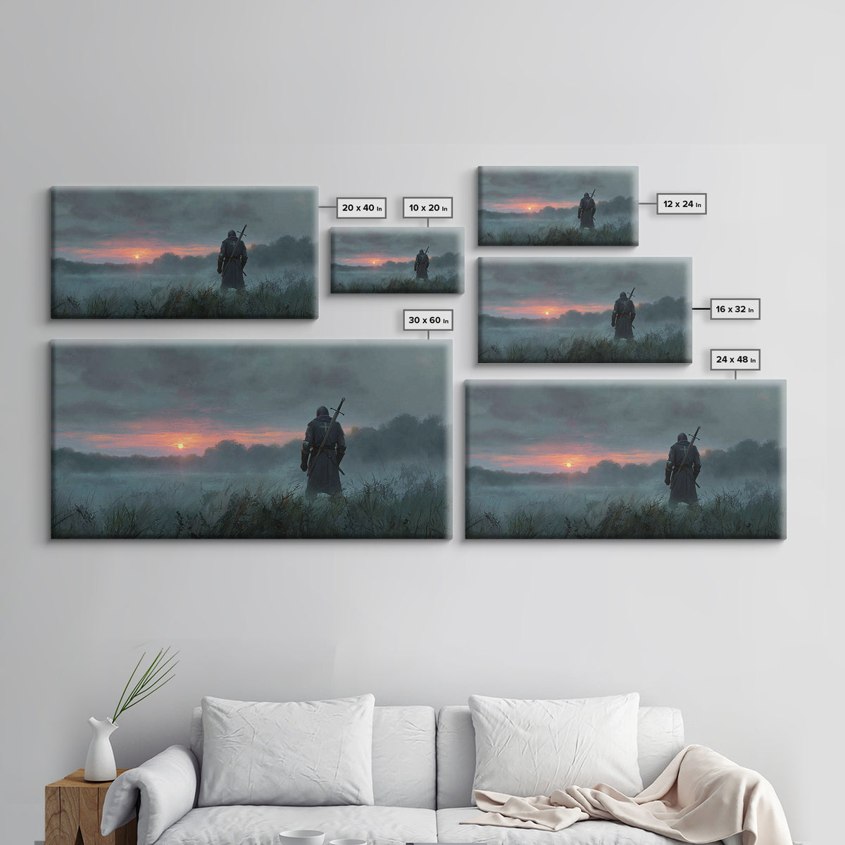 Lone Warrior At Misty Sunrise Wall Art, Medieval Fantasy Canvas Print, Moody Landscape Decor, Dark Academia Gift For Him
