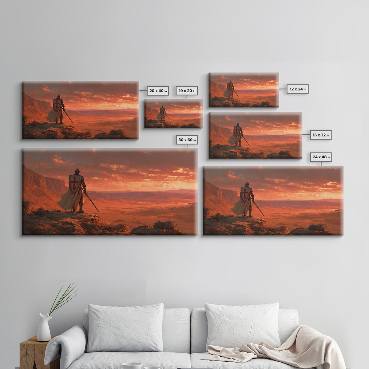 Templar Knight Over Desert Valley Canvas Print, Medieval Fantasy Wall Art, Western Sunset Decor, Man Cave Poster Gift For Him