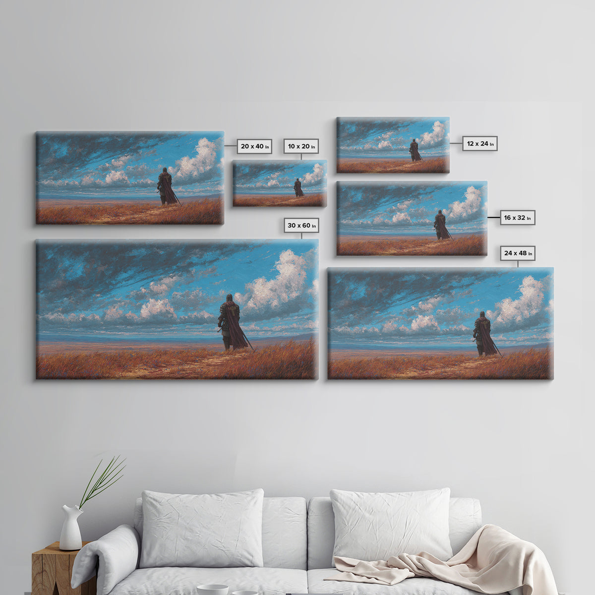 Lone Knight Coastal Fantasy Landscape Wall Art, Medieval Warrior Canvas, Moody Sky Print, Gamer Room Decor Housewarming Gift