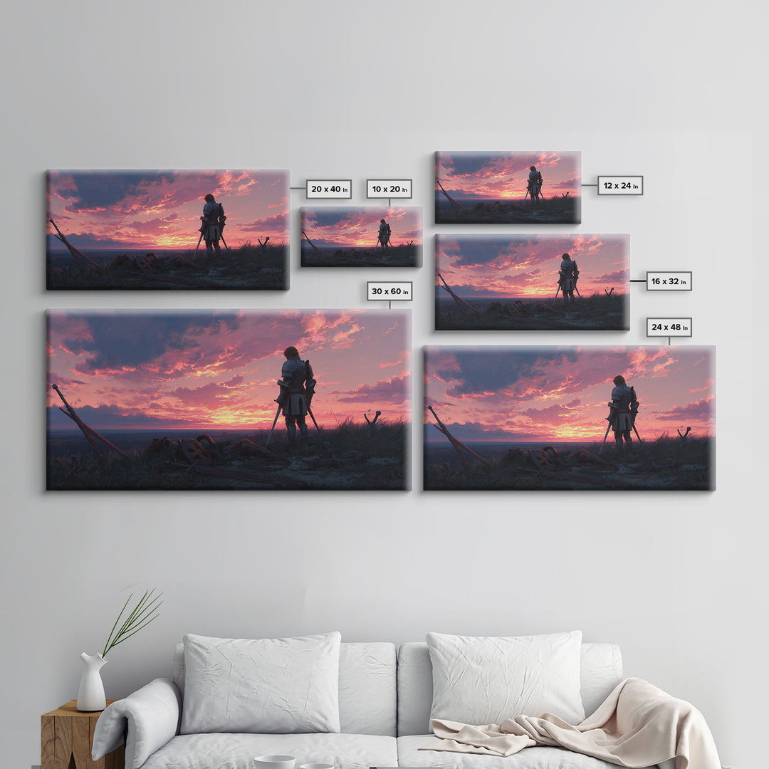 Lonely Warrior Sunset Wall Art, Medieval Battlefield Canvas Print, Moody Fantasy Landscape Decor, Gift For Him Office Art